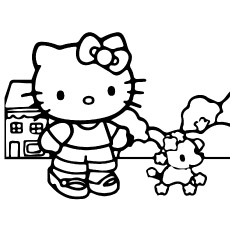 Printable Sheet of Hello Kitty Playing with Dog to Color