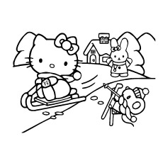Hello Kitty Enjoying Snow Skating with Friends Coloring Pages to Print