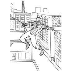 Spiderman Swinging from One Building coloring page