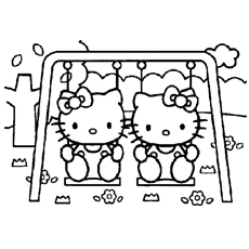 Cute Hello Kitties on a Swing Coloring Pages