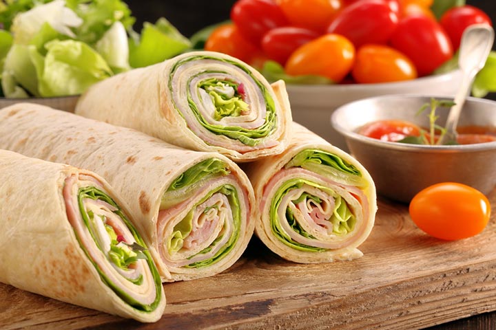Single cheese vegetable wrap, snack for toddlers