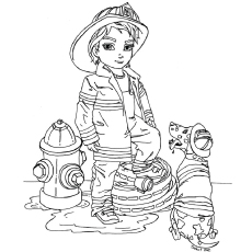 Girl firefighter with her companion dog, firefighter coloring page