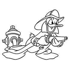 Donald Duck in fireman character, firefighter coloring page Donald Duck in fireman character, firefighter coloring page