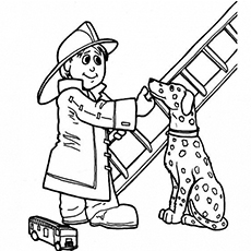 Fireman with dalmation, firefighter coloring page