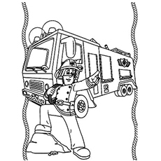 Fireman Sam indicating fire, firefighter coloring page