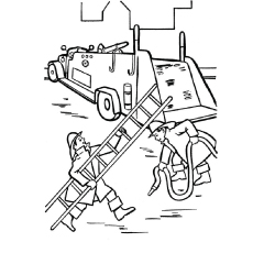 Fire truck with firemen in action, firefighter coloring page