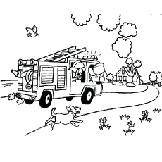 Firemen on the way to house on fire, firefighter coloring page