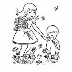 Sister and brother playin in spring coloring pages Sister and brother playin in spring coloring pages