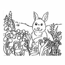 Rabbit and flowers, spring coloring page