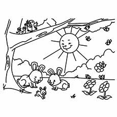 Rabbits playing in spring coloring page