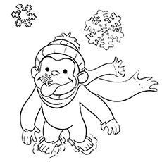 Curious George in winter coloring page