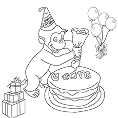 Curious George icing a cake coloring page