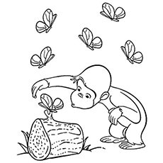 Curious George playing with butterflies coloring page