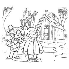 Little girl with Curious George coloring page