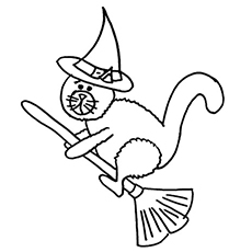 Halloween cat flying on magic broom coloring page