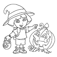 Dora with Halloween pumpkin coloring page