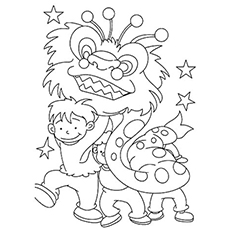 Dancing dragon with a kid coloring page