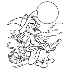 Witch Flying on Broom Halloween coloring page