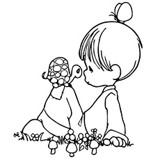 Small turtle ith little girl coloring page