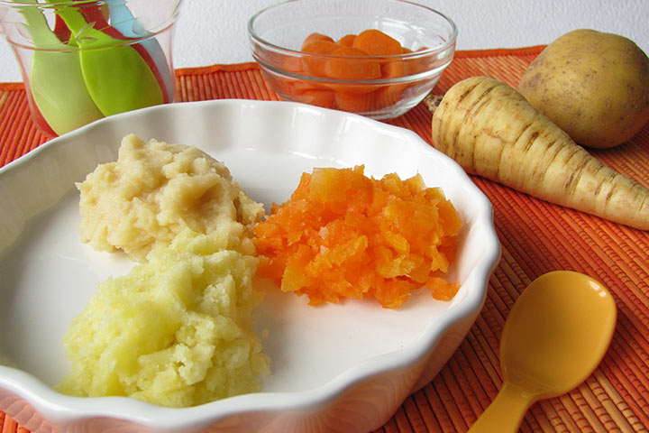 Pureed carrot, potato, and sweet corn for babies