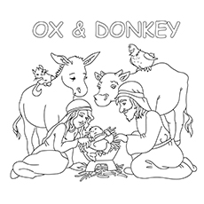 Ox and Donkey nativity coloring page