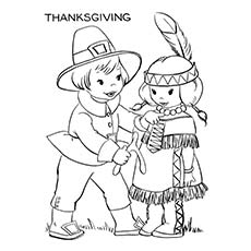 Pilgrims and Native Americans Thanksgiving coloring page