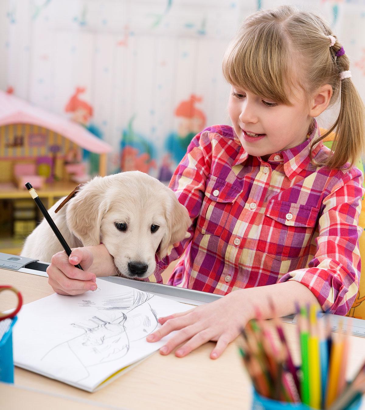 A Girl Drawing A Dog Art