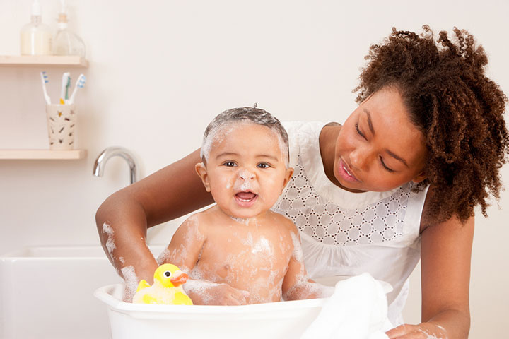 Use mild shampoo or soap to clean the baby