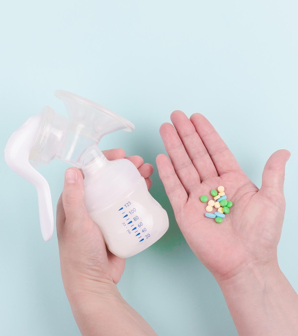 A person holds Benadryl tablets and breastmilk bottle