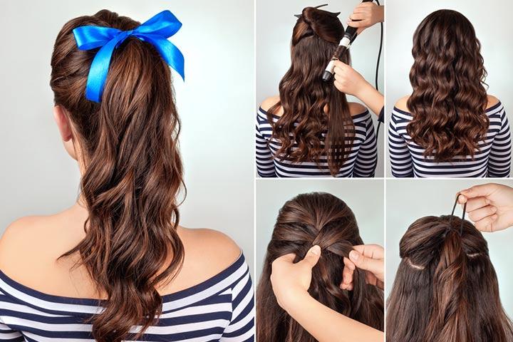 Semi-braided, high pony curly hairstyle for girls