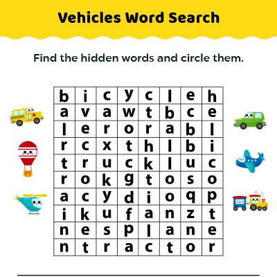 Vehicle Word Search Puzzle For Kids