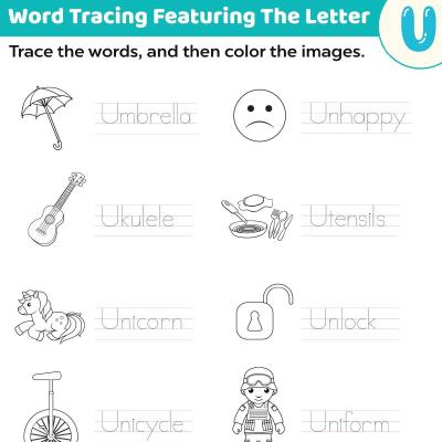 trace the words start with u worksheets momjunction