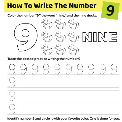 Trace The Number “9” Worksheet For Preschoolers