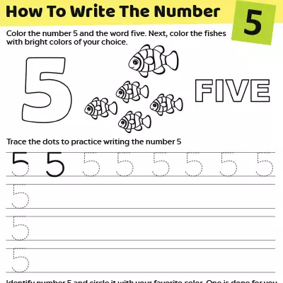 Writing Number 5 Tracing Worksheet