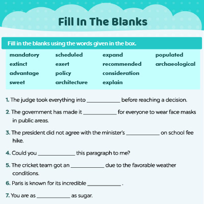 Vocabulary Worksheets: Fill In the blanks