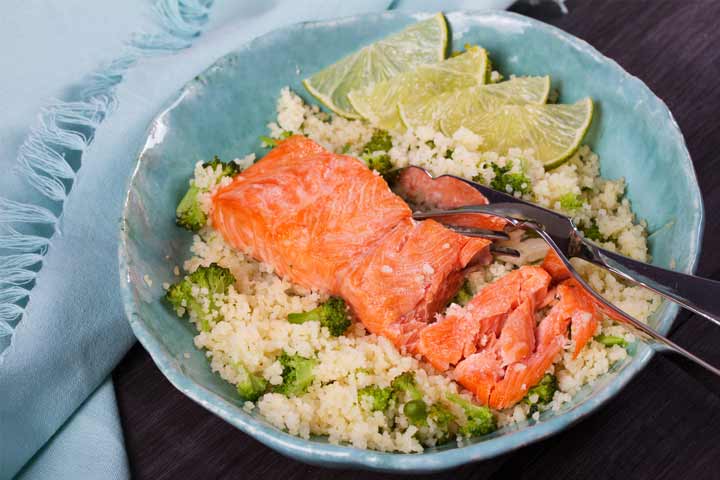 Chili garlic broccoli and salmon bowl recipe for children