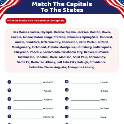 States And Capitals Worksheets: Match The Capitals To The States