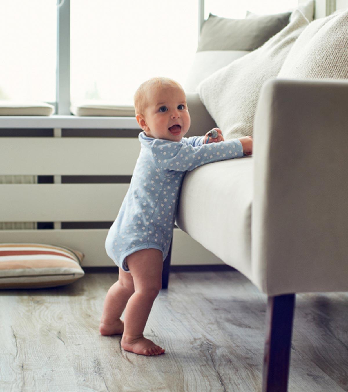 Baby standing up with encouragement tips