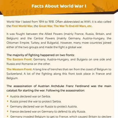 World War 1 Worksheets: Facts About World War I