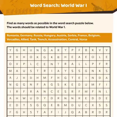 World War 1 Worksheets: Word Search Activity For Kids