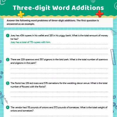 3-Digit Addition Worksheets Word Problems