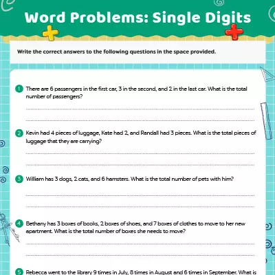 Addition Worksheets Single Digit Word Problems