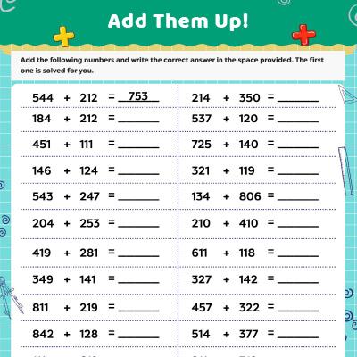 3-Digit Addition Worksheets: Horizontal Addition