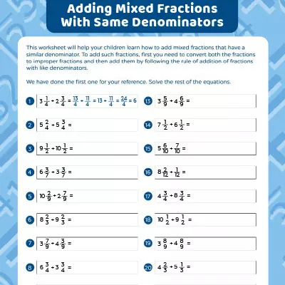 Fractions Worksheet Add Mixed Fractions Having  Like Denominator