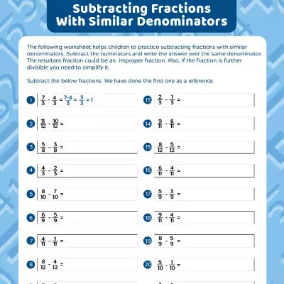 Fractions Worksheet Subtract Fractions Having Like Denominator