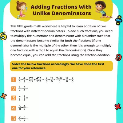 Fractions Worksheets Add Fractions With Unlike Denominators