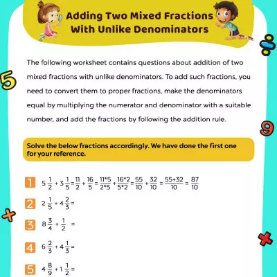 Fractions Worksheets Add Mixed Fractions With Unlike Denominators