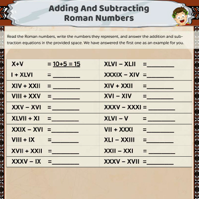 Roman Number Worksheet Adding & Subtracting The Numbers