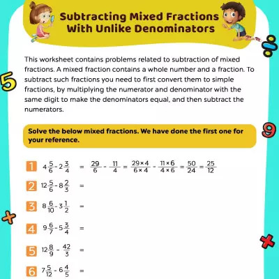 Fractions Worksheets Subtract Mixed Fractions With Unlike Denominators