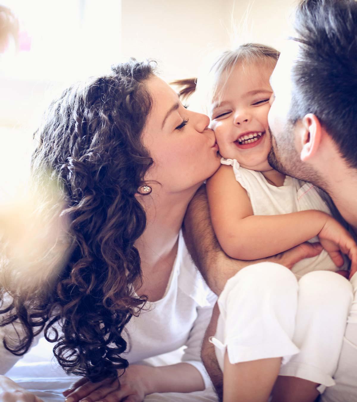 Happy child playing along with parents, showing benefits and disadvantages